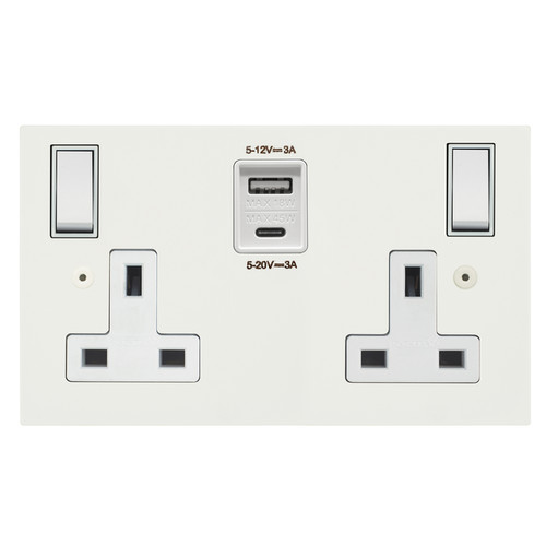 Horizon Square Switched Socket Outlet USB-A+C Charger 2 gang 13 amp Matt White