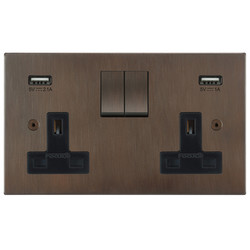 Horizon Square Switched Socket Outlet with USB-A+A Chargers 2 gang 13 amp + USB Chocolate Bronze