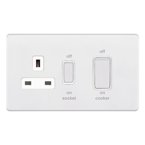 Cooker Switch Screwless 2 gang plate 45 amp cooker switch 13 amp socket outlet Matt White