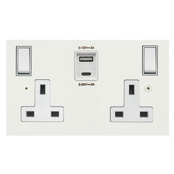 Horizon Square Switched Socket Outlet USB-A+C Charger Paintable 2 gang 13 amp Primed White