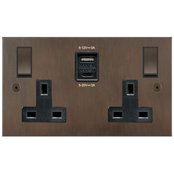 Horizon Square Switched Socket Outlet USB-A+C Charger 2 gang 13 amp Chocolate Bronze
