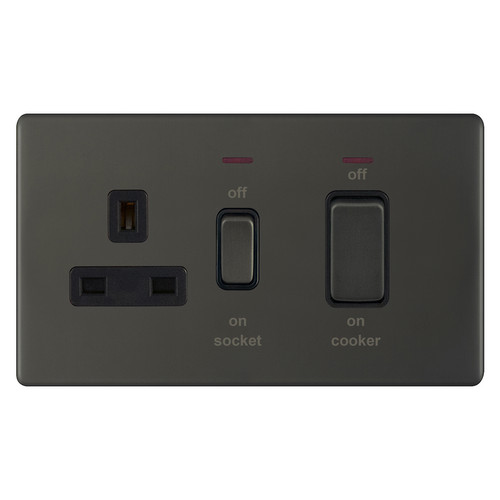 Cooker Switch Screwless 2 gang plate 45 amp cooker switch neon 13 amp socket outlet Dark Bronze