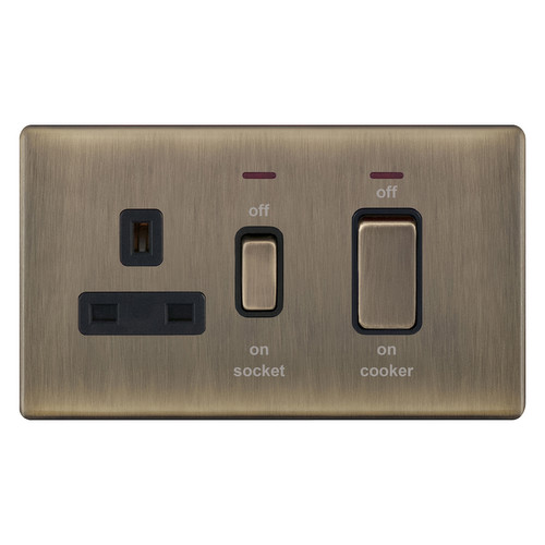 Cooker Switch Screwless 2 gang plate 45 amp cooker switch neon 13 amp socket outlet Antique Brass