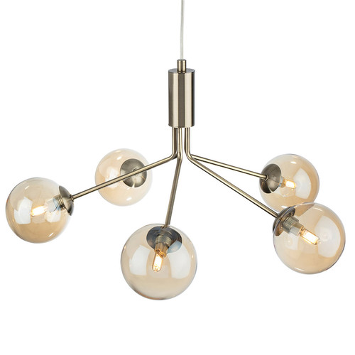 Montana 5 Pendant Light Antique Brass with Amber Glass 5x33W