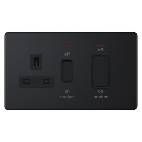 Cooker Switch Screwless 2 gang plate 45 amp cooker switch neon 13 amp socket outlet Matt Black