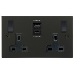 Horizon Square Switched Socket Outlet USB-A+C Charger 2 gang 13 amp Matt Black