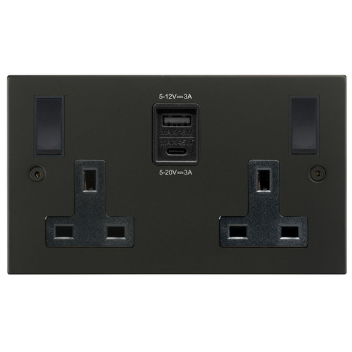 Horizon Square Switched Socket Outlet USB-A+C Charger 2 gang 13 amp Matt Black