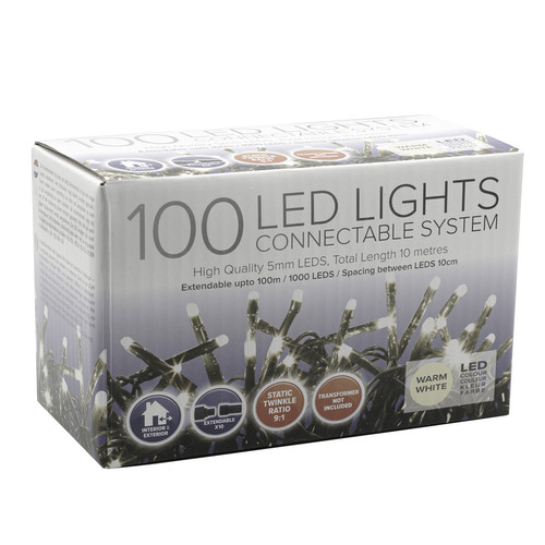 LED String Fairy Lights 10m, 100 5mm Lights, Indoor/Outdoor 31V Power Pack Required Warm White Green Cable