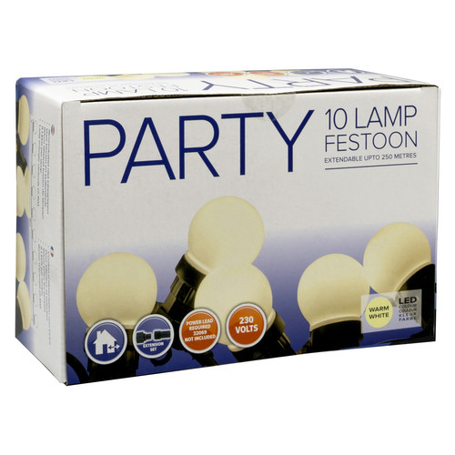 LED Party Festoon Lights 5m Set Extendable to 250m 240V Power Pack Required Opal Lamps - Warm White Black Cable