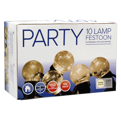 LED Party Festoon Lights 5m Set Extendable to 250m 240V Power Pack Required Clear Lamps - Warm White Black Cable