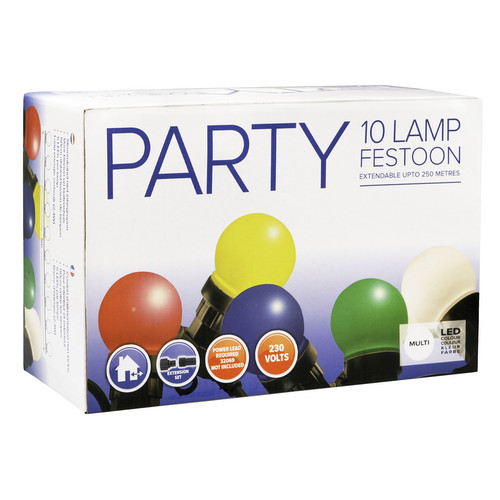 LED Party Festoon Lights 5m Set Extendable to 250m 240V Power Pack Required Opal Lamps - Multi Colour Black Cable