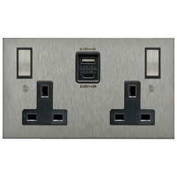 Horizon Square Switched Socket Outlet USB-A+C Charger 2 gang 13 amp Satin Stainless Steel Black Inserts