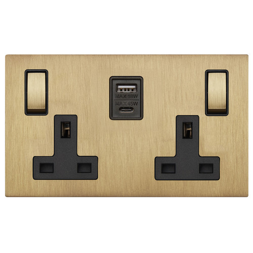 Renaissance Switched Socket USB C 2 Gang 13 Amp USB A+C Sienna Brass