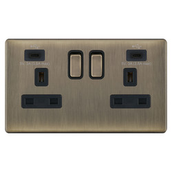 Wall Socket + USB Type C+C Screwless 2 gang 13 amp switched socket Antique Brass