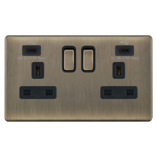 Wall Socket USB-C+C Screwless 2 gang 13 amp switched socket Antique Brass