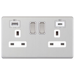 Wall Socket USB-A+C Screwless 2 gang 13 amp switched socket Brushed Stainless