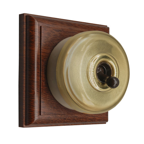 Classic Period Round Dome Dolly Switch 1 Gang 2 Way Brass with Mohagany Plate
