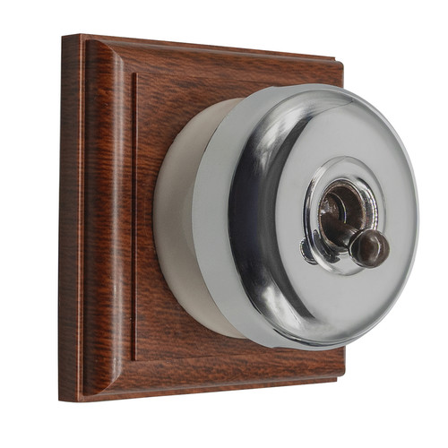 Classic Period Round Dome Dolly Switch 1 Gang 2 Way Chrome with Mahogany Plate