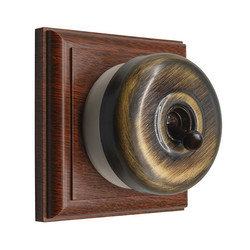 Classic Period Round Dome Dolly Switch 1 Gang 2 Way Antique  Brass with Mahogany Plate