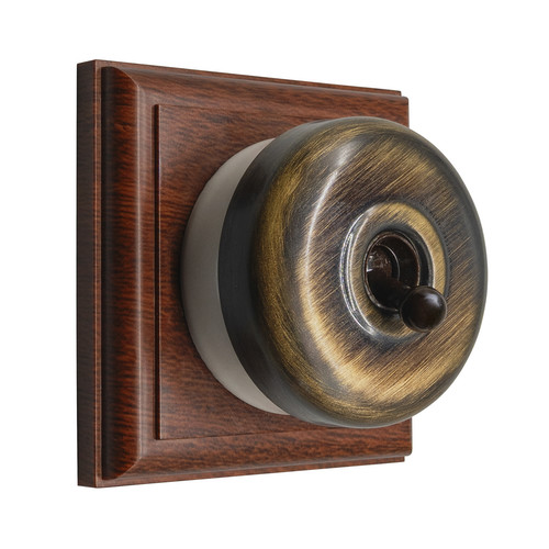 Classic Period Round Dome Dolly Switch 1 Gang 2 Way Antique  Brass with Mahogany Plate