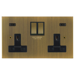 Ambassador Square Switched Socket Outlet USB-C+C Charger 2 gang 13 amp USB C Antique Brass