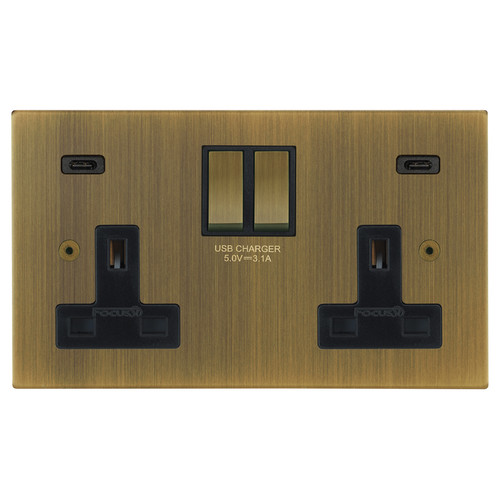 Ambassador Square Switched Socket Outlet USB-C+C Charger 2 gang 13 amp USB C Antique Brass