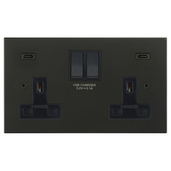 Ambassador Square Switched Socket Outlet USB-C+C Charger 2 gang 13 amp Matt Black