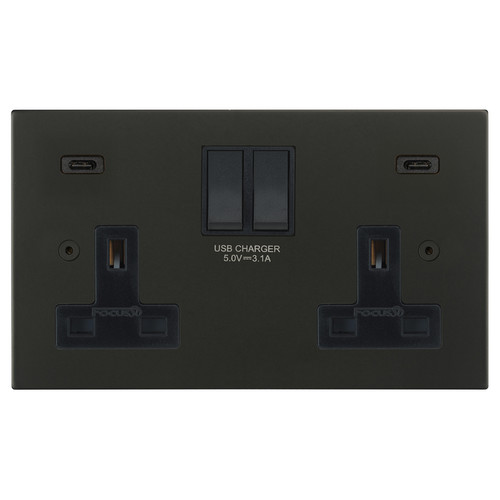 Ambassador Square Switched Socket Outlet USB-C+C Charger 2 gang 13 amp Matt Black