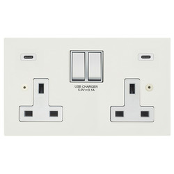Ambassador Square Switched Socket Outlet USB-C+C Charger 2 gang 13 amp Primed White