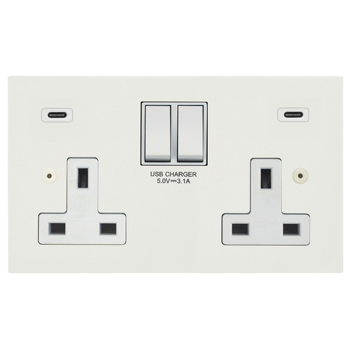 Ambassador Square Switched Socket Outlet USB-C+C Charger 2 gang 13 amp Primed White