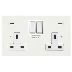 Ambassador Square Switched Socket Outlet USB-C+C Charger 2 gang 13 amp Matt White