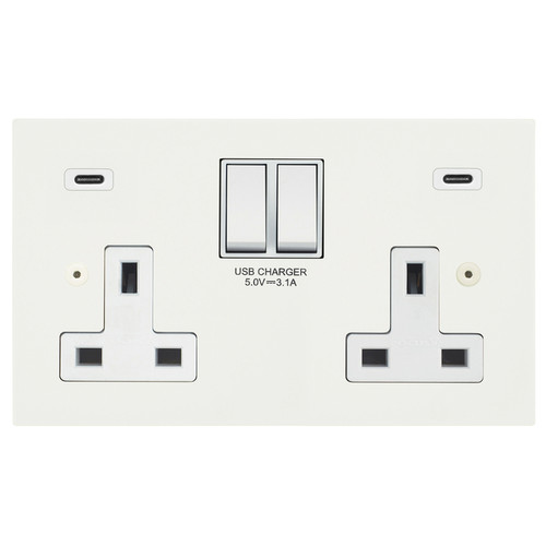 Ambassador Square Switched Socket Outlet USB-C+C Charger 2 gang 13 amp Matt White