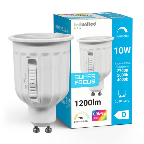 Super Focus LED GU10 10W 1200lm CRI92 Dimmable Lamp 38° CCT Selectable (27K/3K/4K)