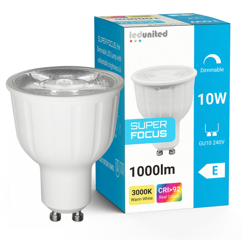 Super Focus LED GU10 10W 1000lm CRI92 Dimmable Lamp 15° 3000K Warm White