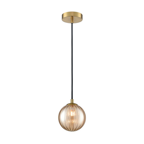 Globe Amber Glass Pendant Light PCH430-384 5W Aged Brass / Amber Ribbed