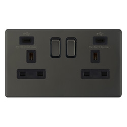 Wall Socket + USB Type C+C Screwless 2 gang 13 amp switched socket Dark Bronze