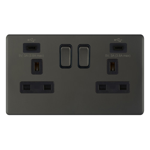 Wall Socket USB-C+C Screwless 2 gang 13 amp switched socket Dark Bronze