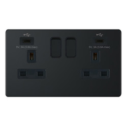 Wall Socket USB-C+C Screwless 2 gang 13 amp switched socket Matt Black