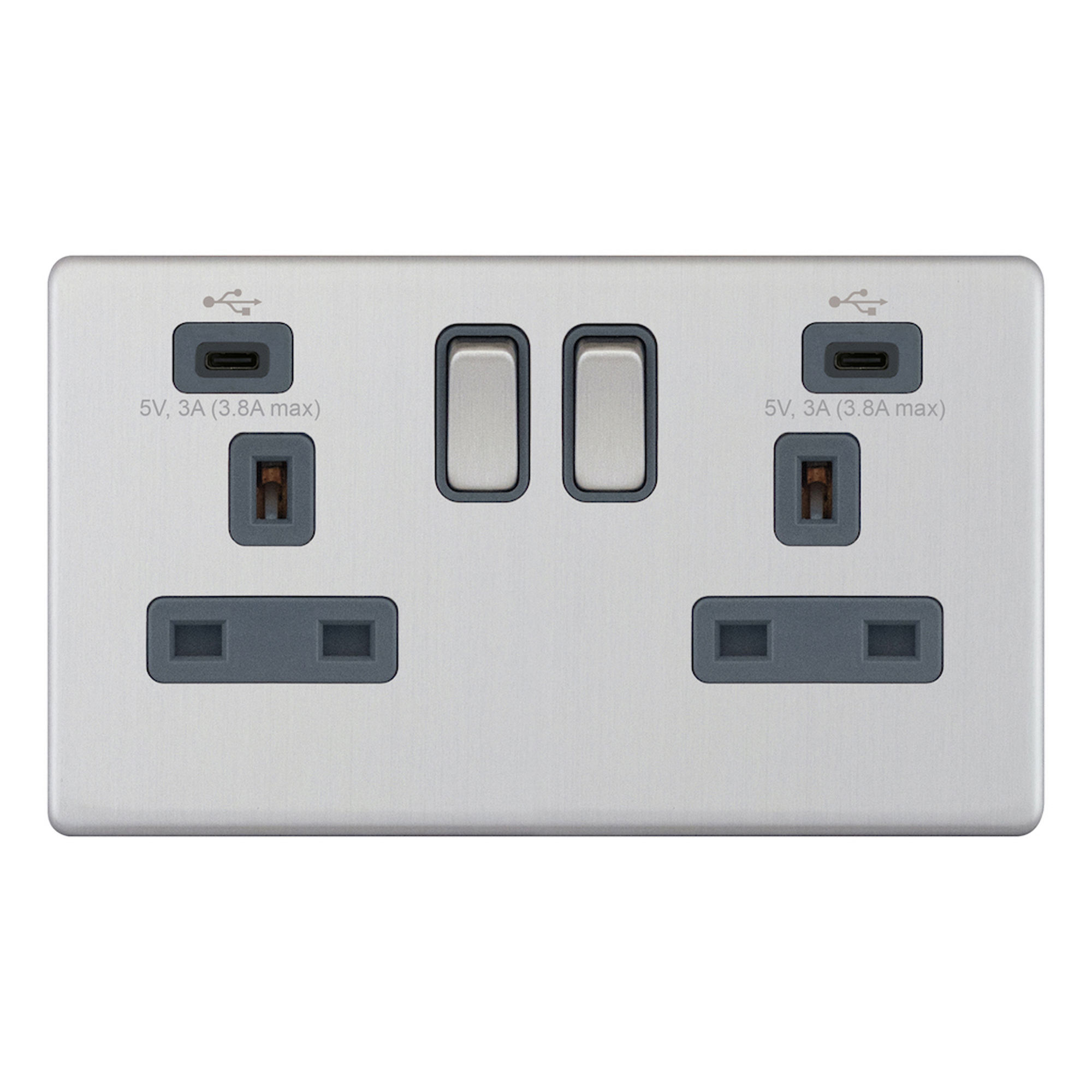 Wall Socket USB-C+C Screwless 2 gang 13 amp switched socket Brushed ...