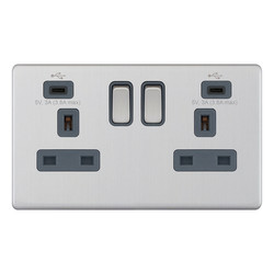 Wall Socket USB-C+C Screwless 2 gang 13 amp switched socket Brushed Stainless