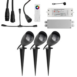 Sub RGBW Hood Anti-Glare Garden Spike Spotlight Remote Kit 24V 3 x 6W RGB + 3000K Warm White Black
