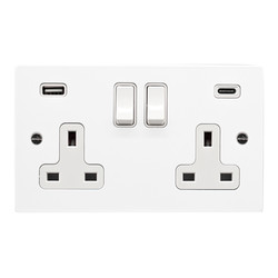 Wall Socket with USB-A+C Charger 13 amp switched socket Satin White Aluminium