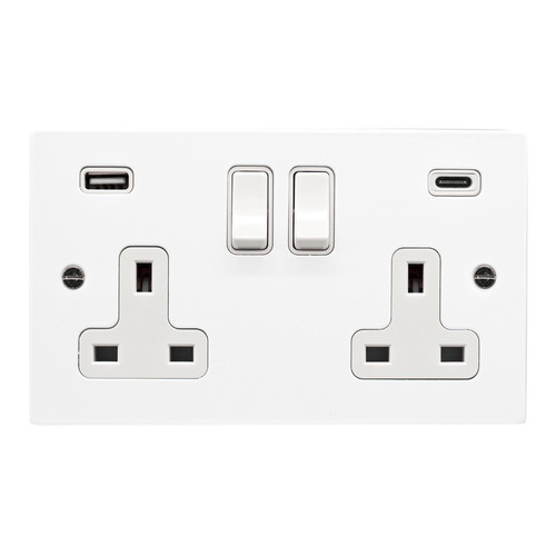 Wall Socket with USB-A+C Charger 13 amp switched socket Satin White Aluminium