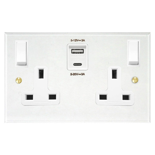 Prism Wall Socked with USB-A+C Chargers 2 gang 13 amp switch socket outlet Clear Perspex