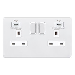 Wall Socket USB-C+C Screwless Matt White 2 gang 13 amp switched socket