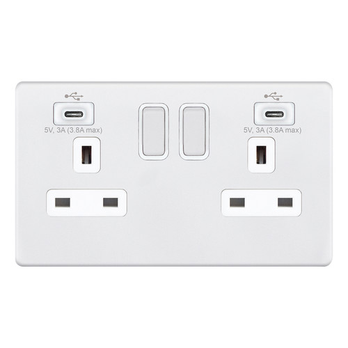 Wall Socket USB-C+C Screwless Matt White 2 gang 13 amp switched socket