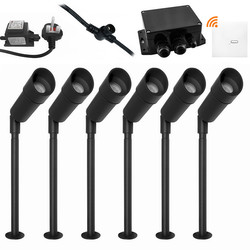 6x LED Hood Garden Spike Light Kit | Plug & Play | Wireless Wall Switch | Black 6 x 1W | 3000K Warm White | 12V