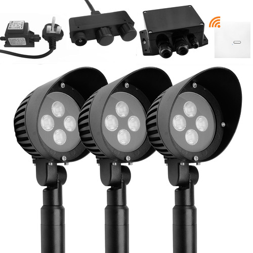3x LED Hood Large Garden Spike Light Kit | Plug & Play | Wireless Wall Switch | Black 3 x 8W | 3000K Warm White | 12V
