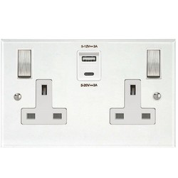 Prism Wall Socket with USB-A+A Chargers 2 gang 13 amp switch socket outlet Clear Perspex / Satin Steel
