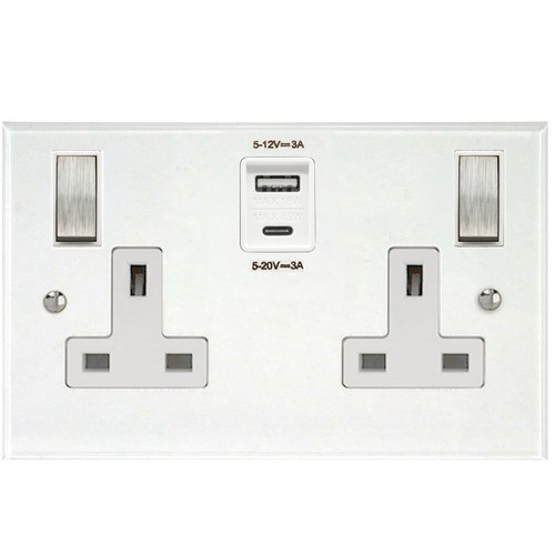 Prism Wall Socket with USB-A+C Chargers 2 gang 13 amp switch socket outlet Clear Perspex / Satin Steel